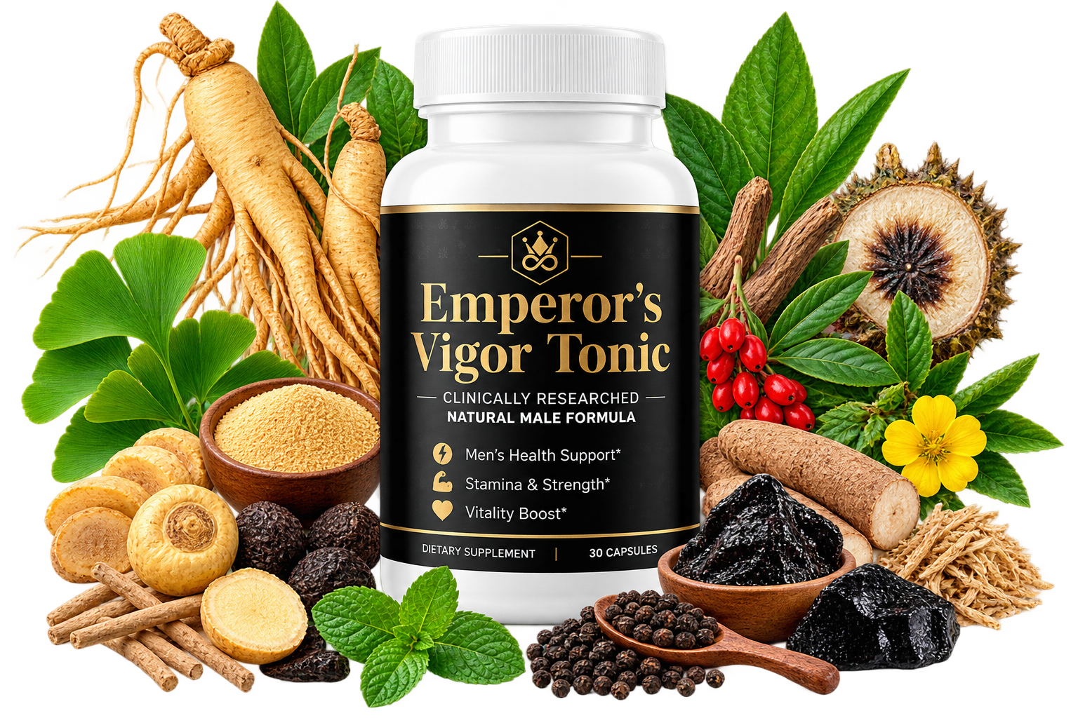 Emperor's Vigor Tonic bottle surrounded by natural botanical ingredients