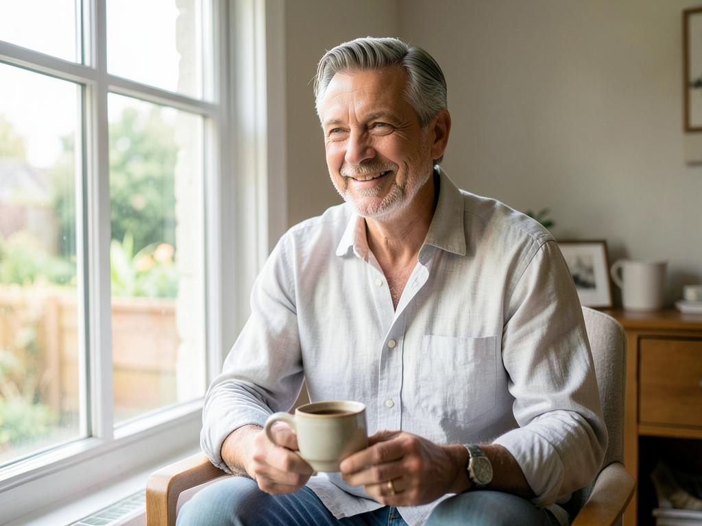 Man relaxing calmly at home with a warm drink